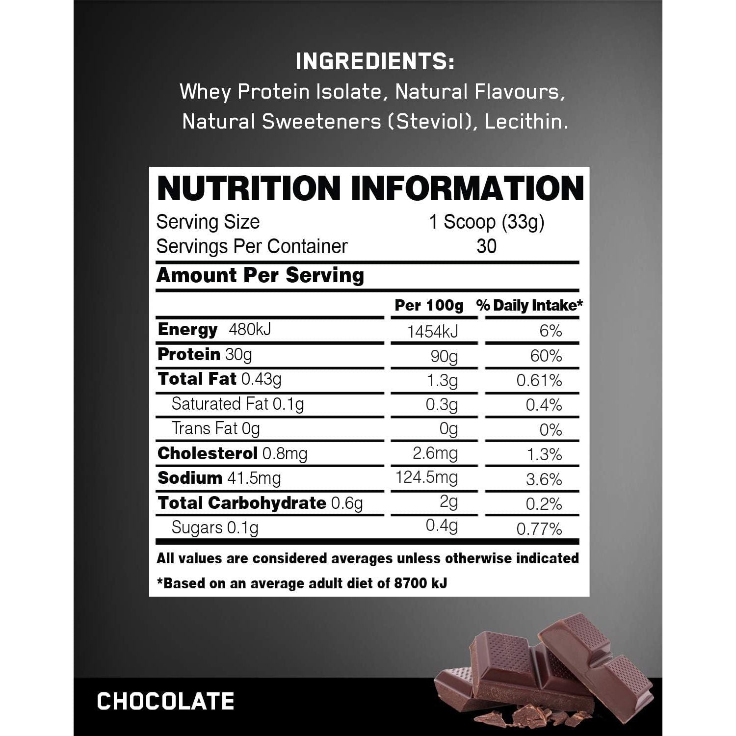 PURE PRODUCT AUSTRALIA - 100% Whey Protein Isolate - CHOCOLATE - 1Kg