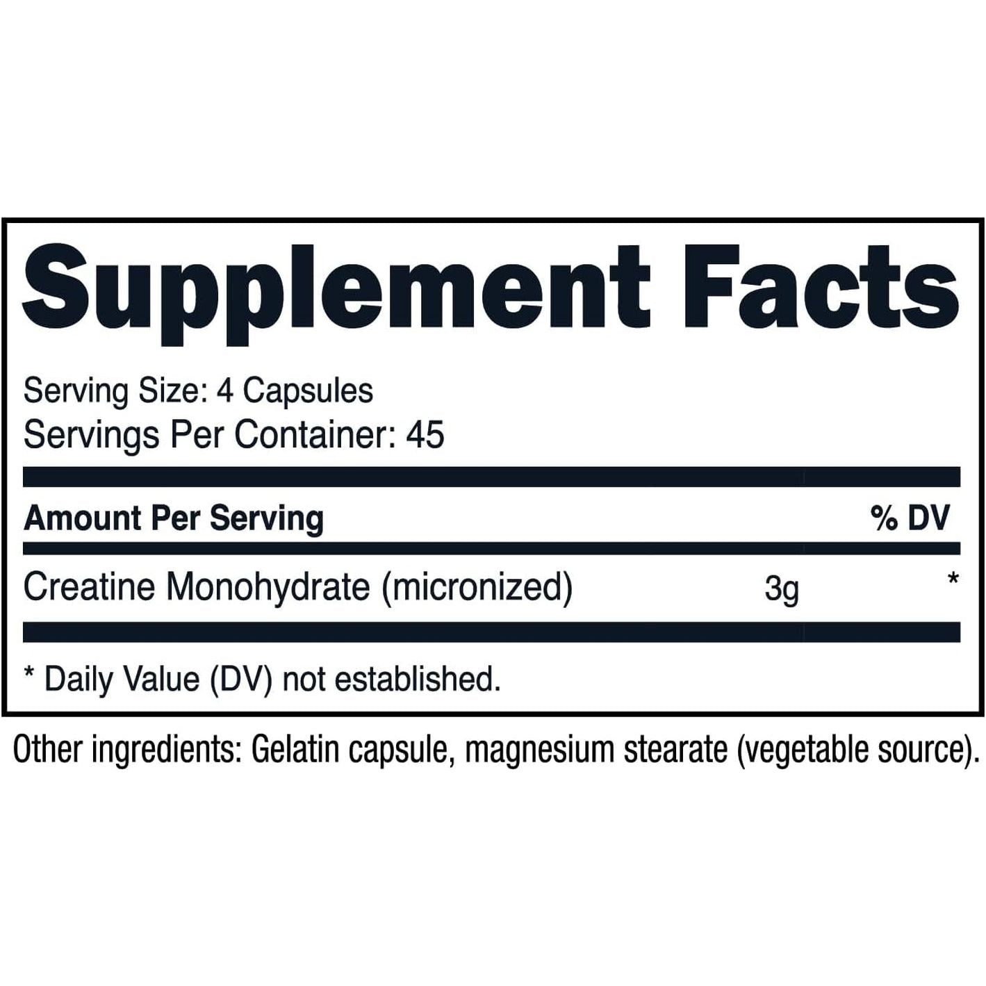Creatine Monohydrate 3,000Mg, 180 Capsules (750Mg per Capsule) - Gluten Free, Non-Gmo