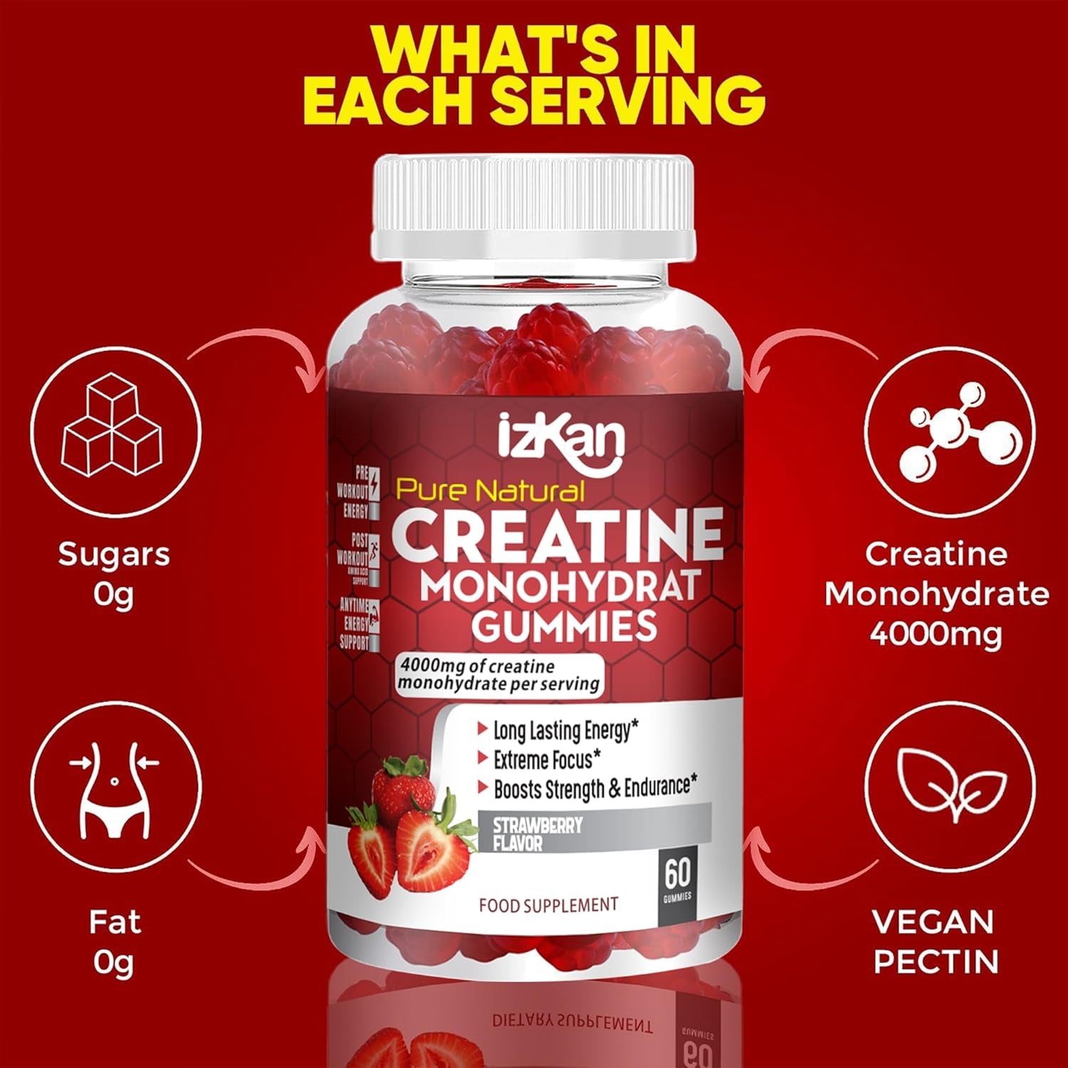 IZKAN - Pro Creatine Monohydrate Gummies 4000Mg - Vegan - Strawberry - 60 Chewable Gummies