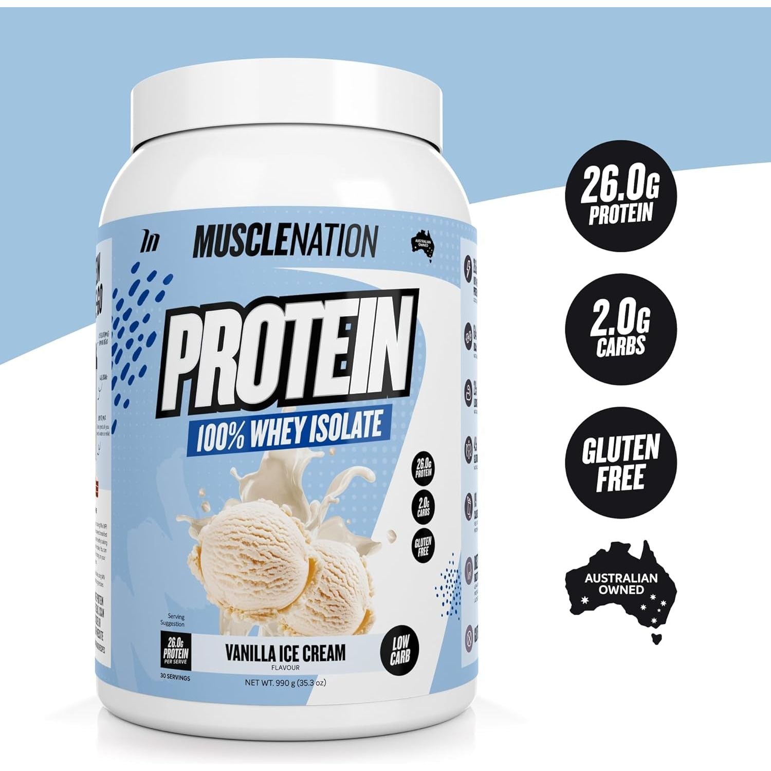 MUSCLENATION - 100% Whey Protein Isolate - Vanilla Ice Cream - 990G - 30 Servs