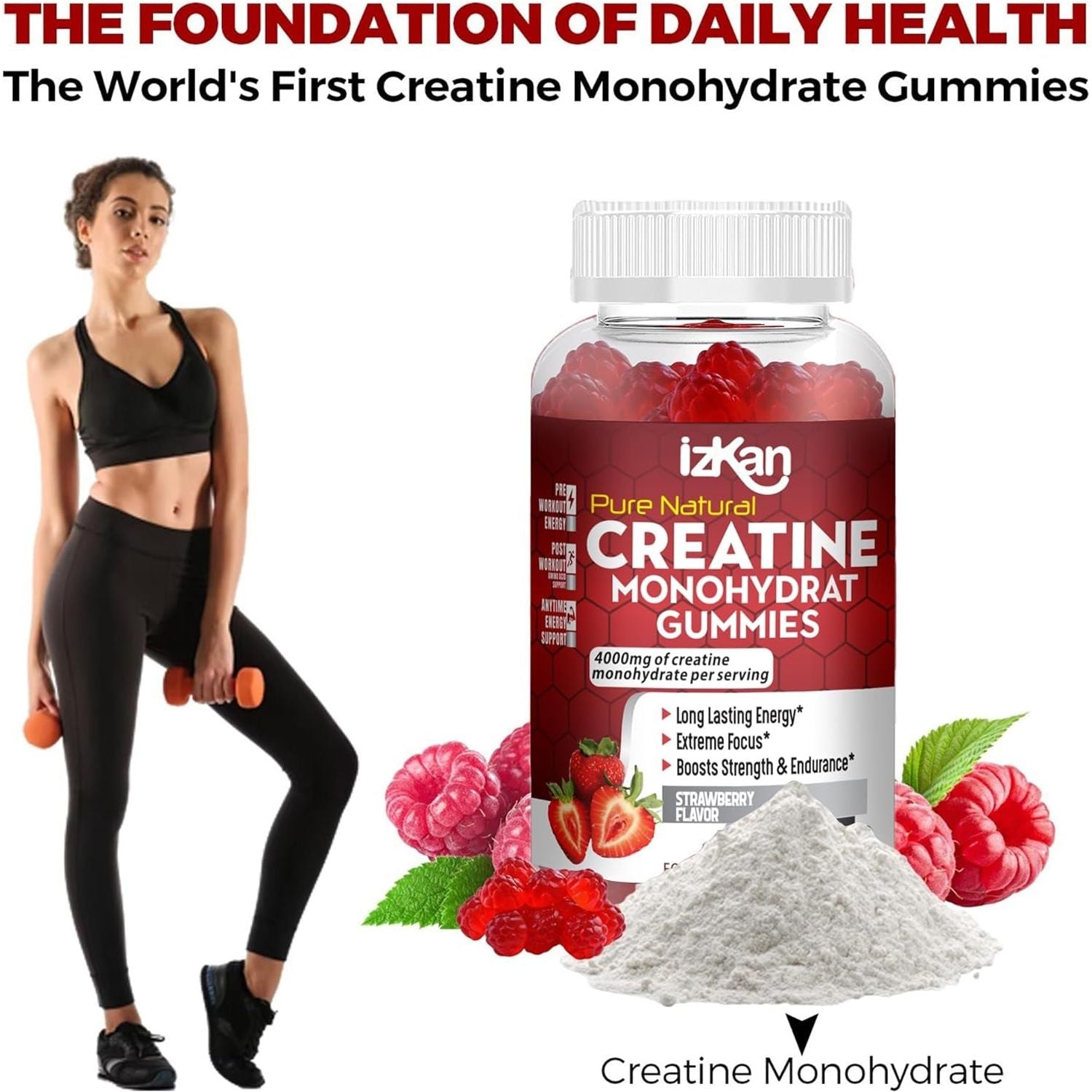 IZKAN - Pro Creatine Monohydrate Gummies 4000Mg - Vegan - Strawberry - 60 Chewable Gummies