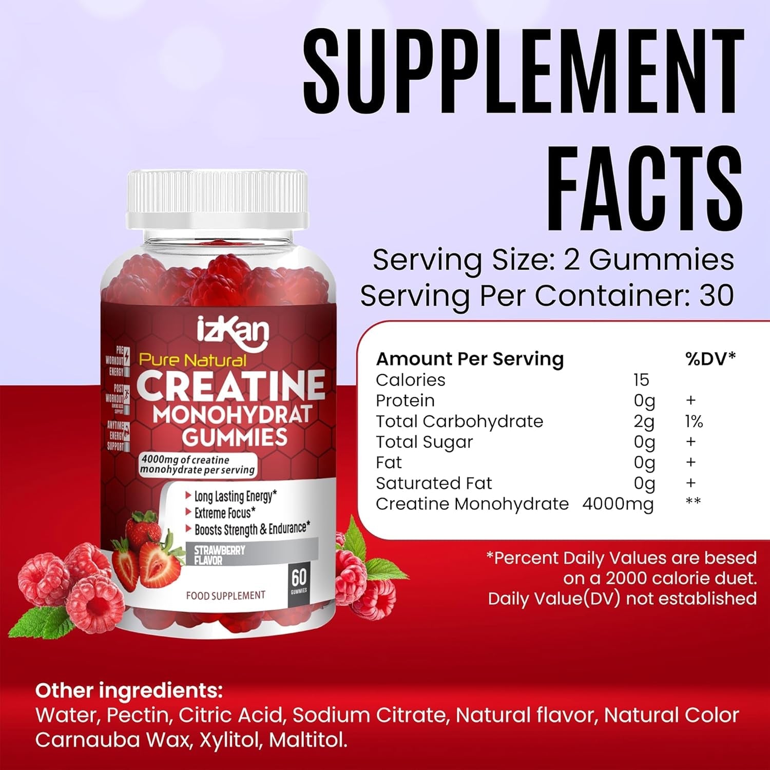IZKAN - Pro Creatine Monohydrate Gummies 4000Mg - Vegan - Strawberry - 60 Chewable Gummies
