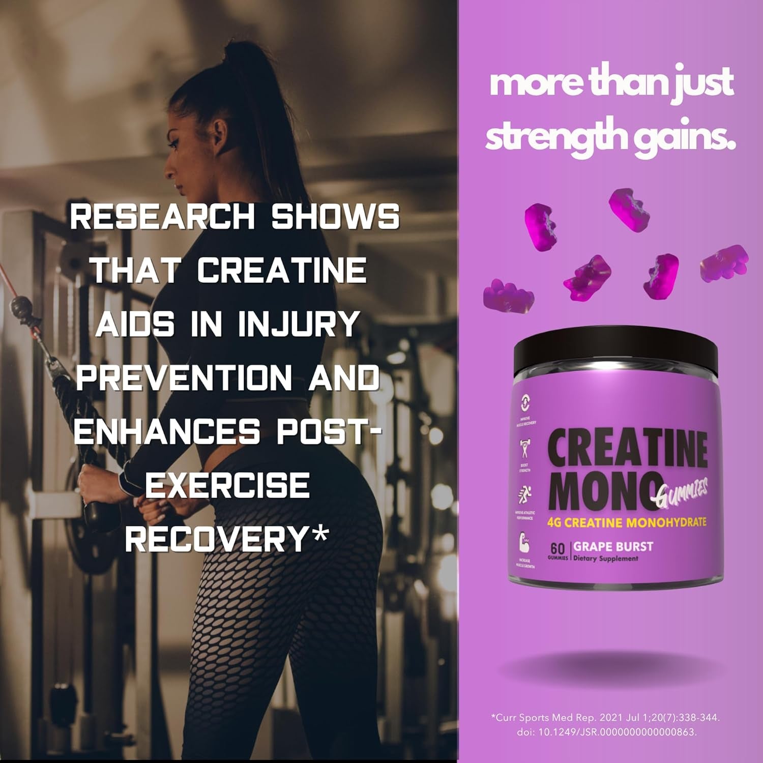 Creatine Monohydrate Gummies for Muscle Endurance, Growth and Power - Convenient Pre-Workout Supplement Grape Flavour - 4000Mg per Serve - 60 Pieces, 30 Serves