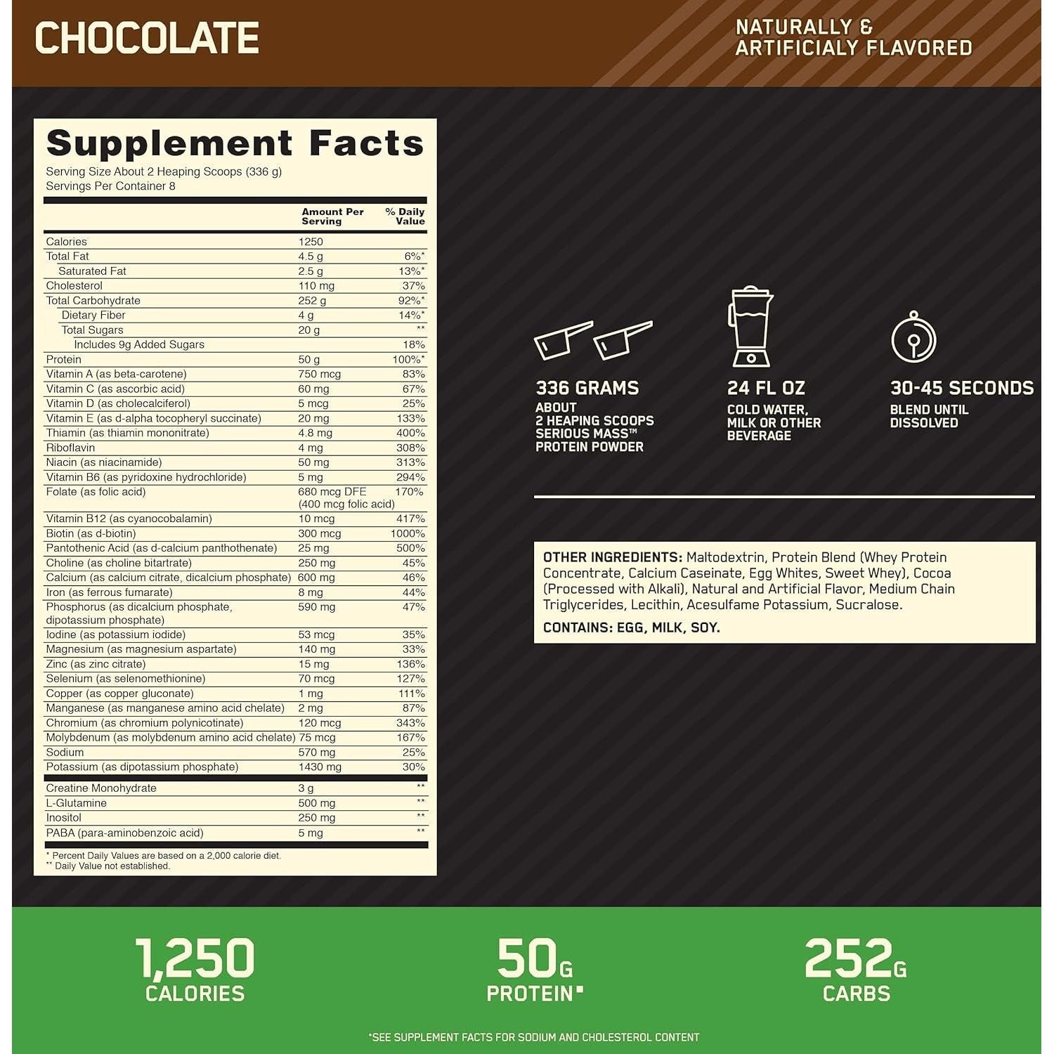 OPTIMUM NUTRITION - Serious Mass Protein Powder Gainer - Chocolate - 2.72Kg