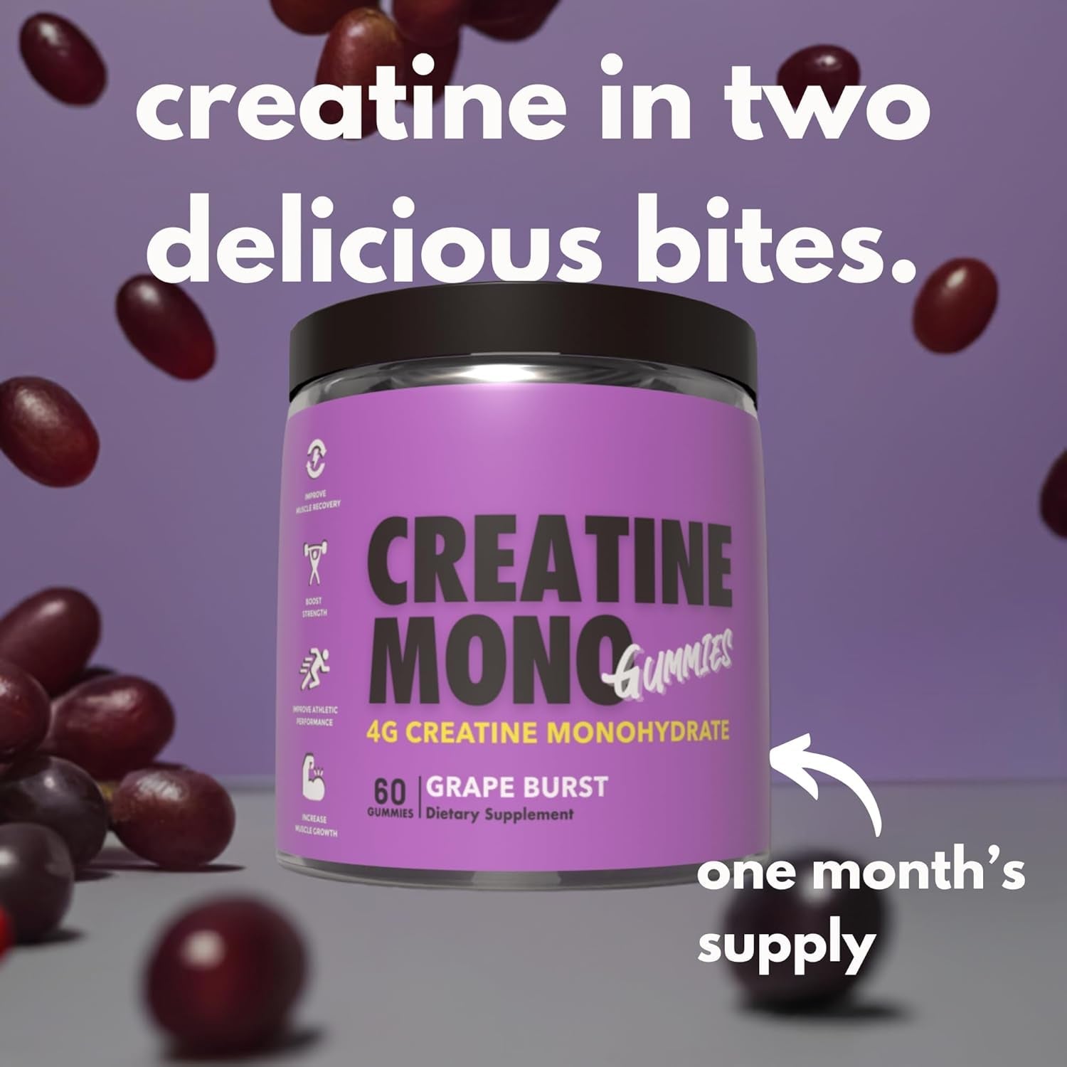 Creatine Monohydrate Gummies for Muscle Endurance, Growth and Power - Convenient Pre-Workout Supplement Grape Flavour - 4000Mg per Serve - 60 Pieces, 30 Serves