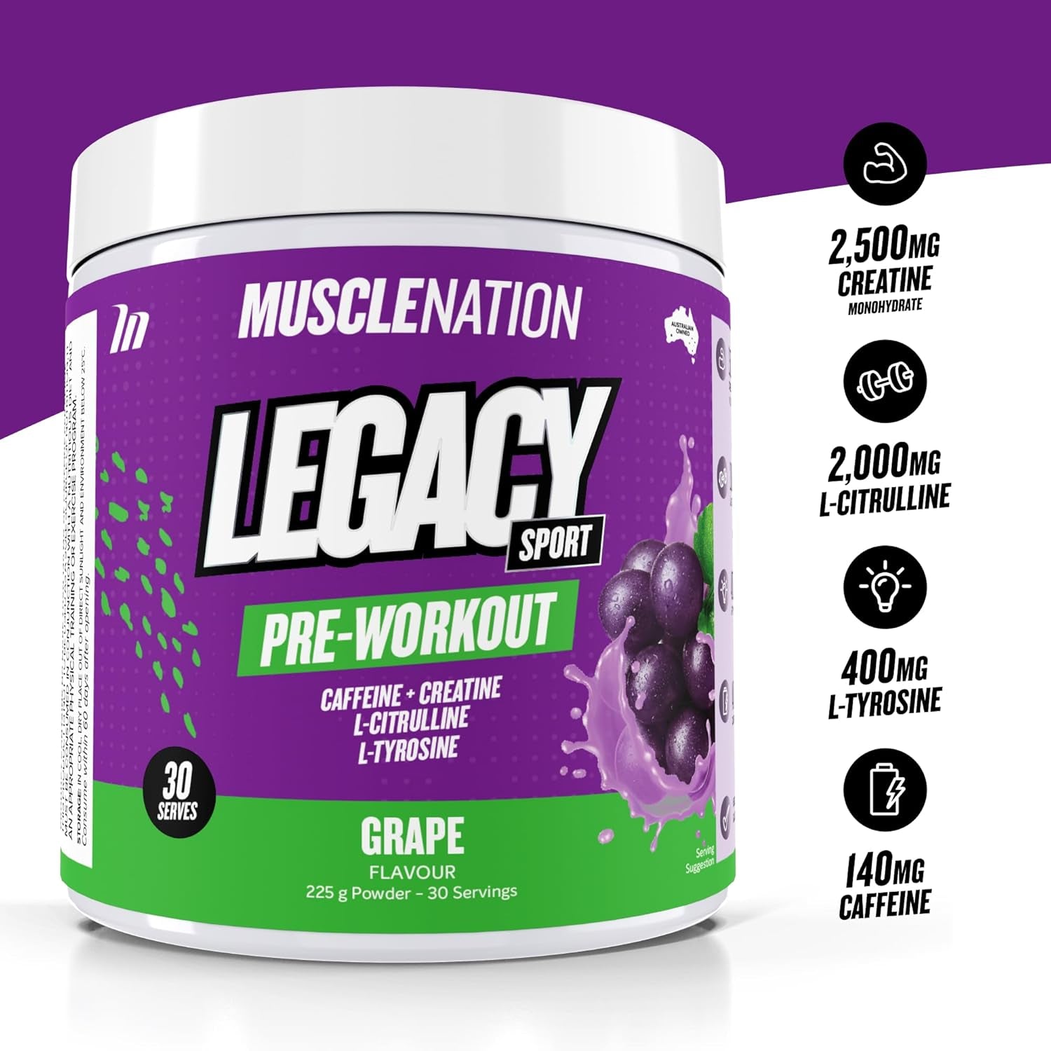 MUSCLE NATION - Pre-Workout - Grape Legacy Sport - 225g (30 Serves)