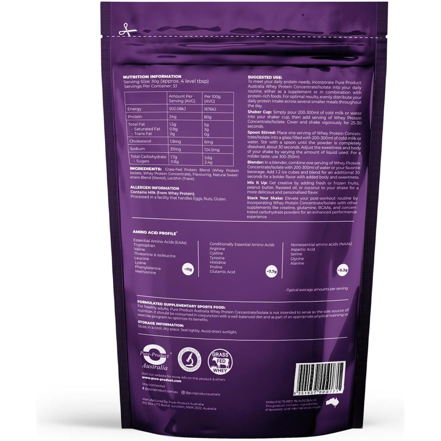 PURE PRODUCT AUSTRALIA - 100% Whey Protein Isolate & Concentrate - VANILLA - 1Kg