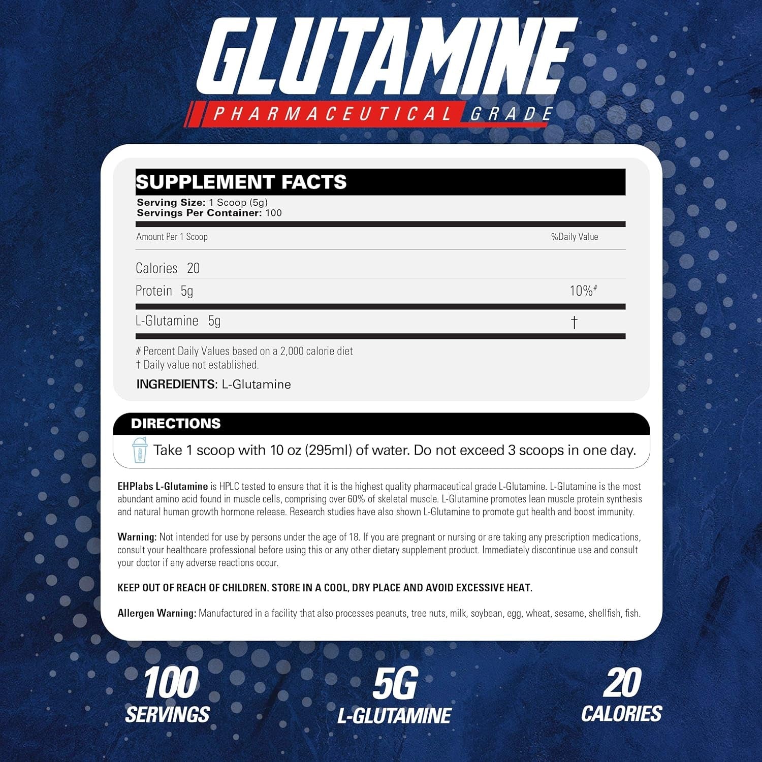 EHPLABS - L Glutamine Powder Amino Acids - L-Glutamine Supplement for Gut Health (500G) - 100 Servings