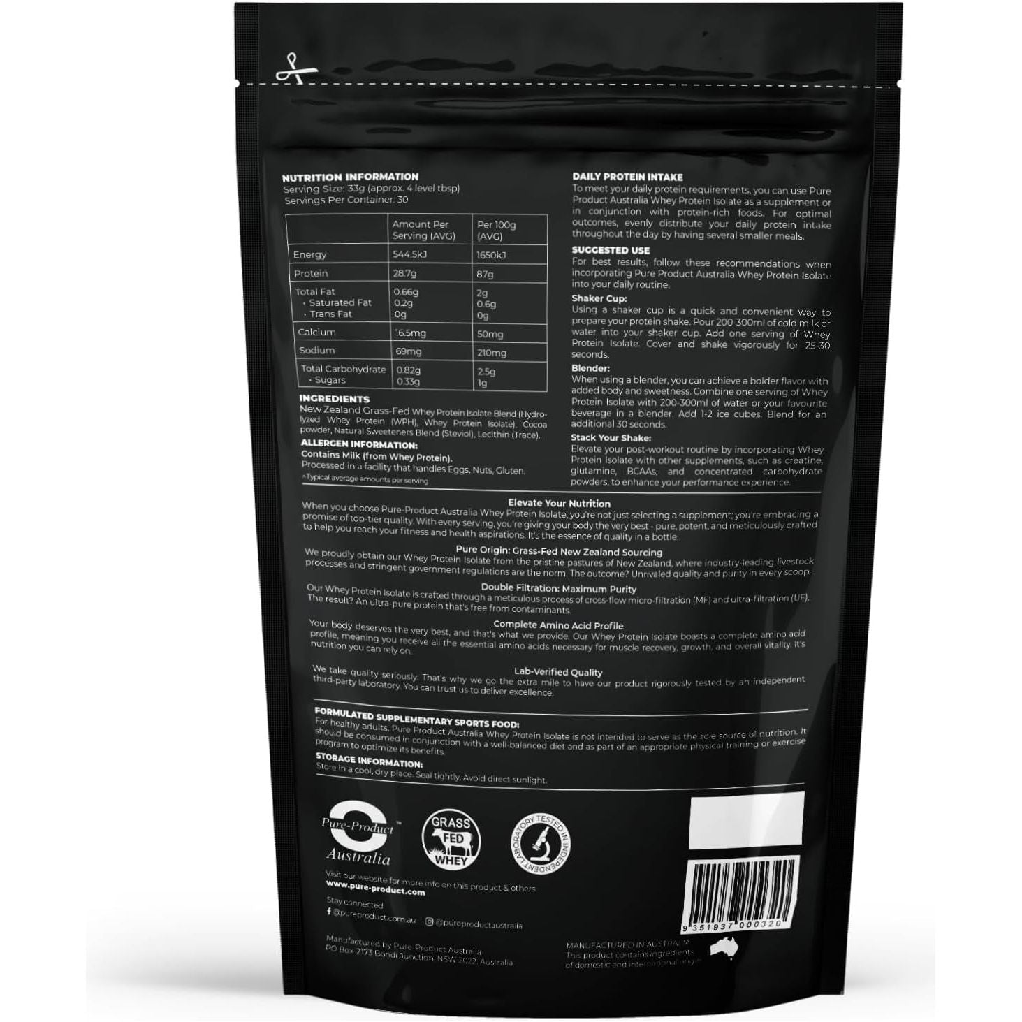 PURE PRODUCT AUSTRALIA - 100% Whey Protein Isolate - CHOCOLATE - 1Kg