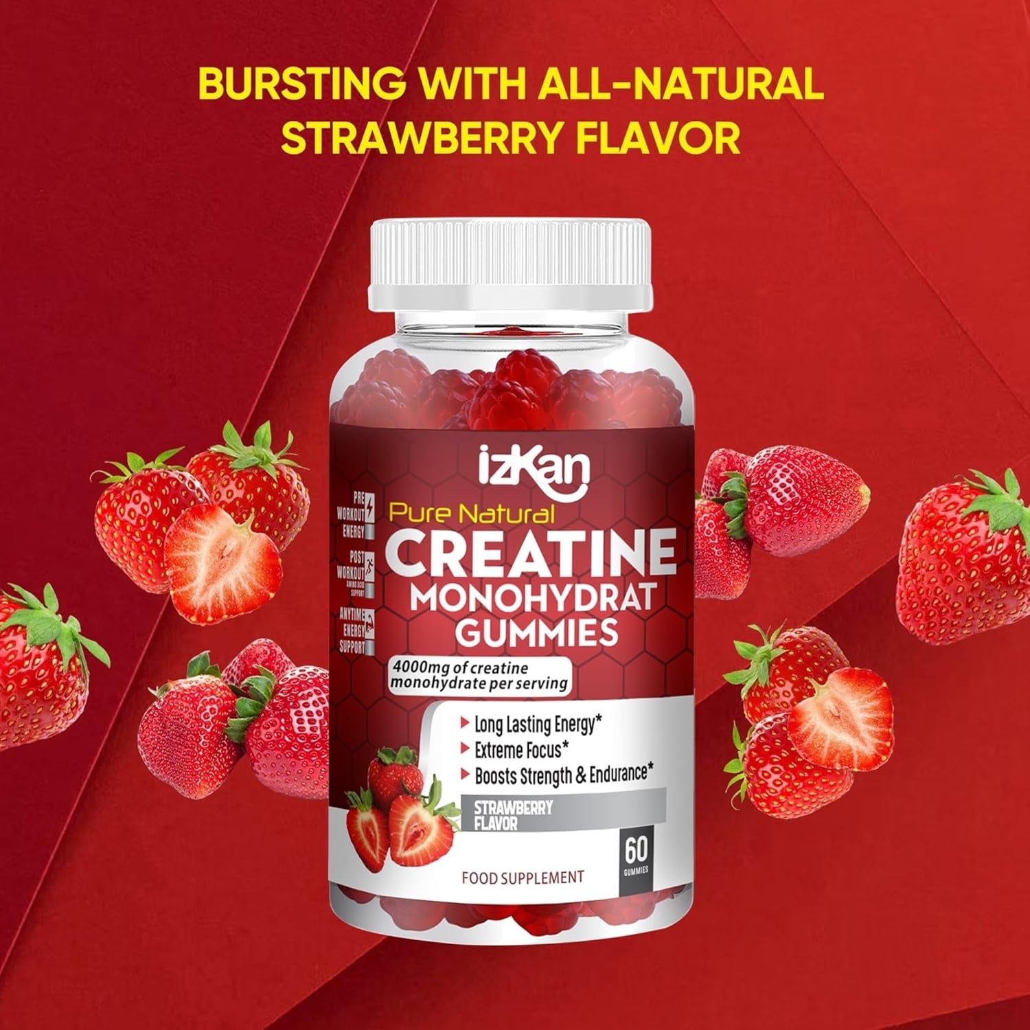 IZKAN - Pro Creatine Monohydrate Gummies 4000Mg - Vegan - Strawberry - 60 Chewable Gummies