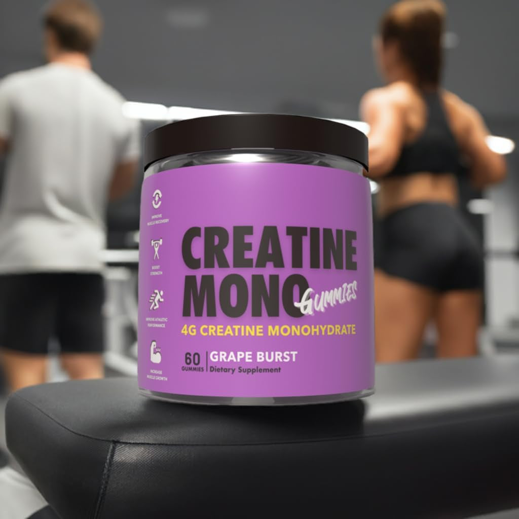 Creatine Monohydrate Gummies for Muscle Endurance, Growth and Power - Convenient Pre-Workout Supplement Grape Flavour - 4000Mg per Serve - 60 Pieces, 30 Serves