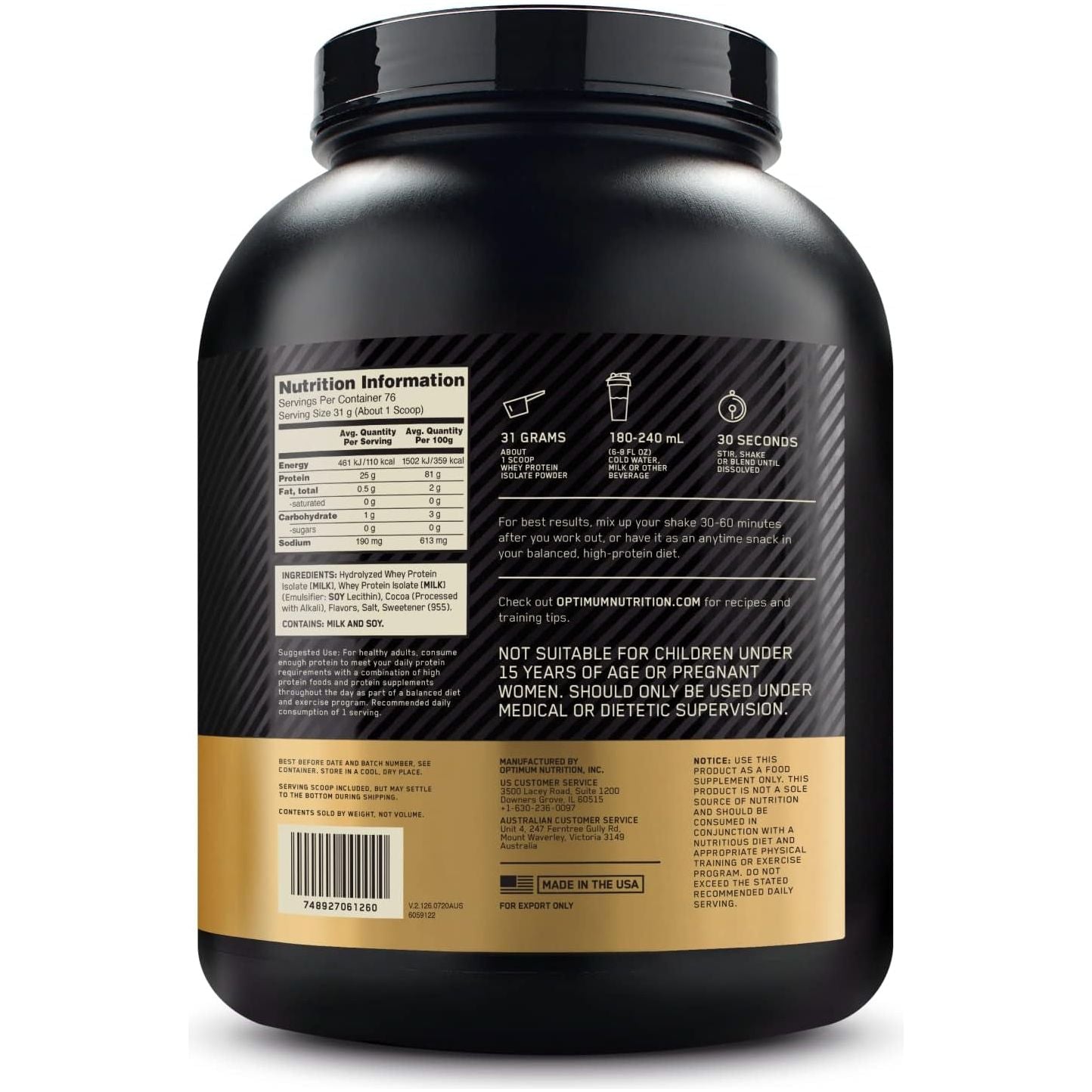 OPTIMUM NUTRITION Gold Standard - 100% Isolate Protein Powder - Chocolate Flavour - 2.36Kg