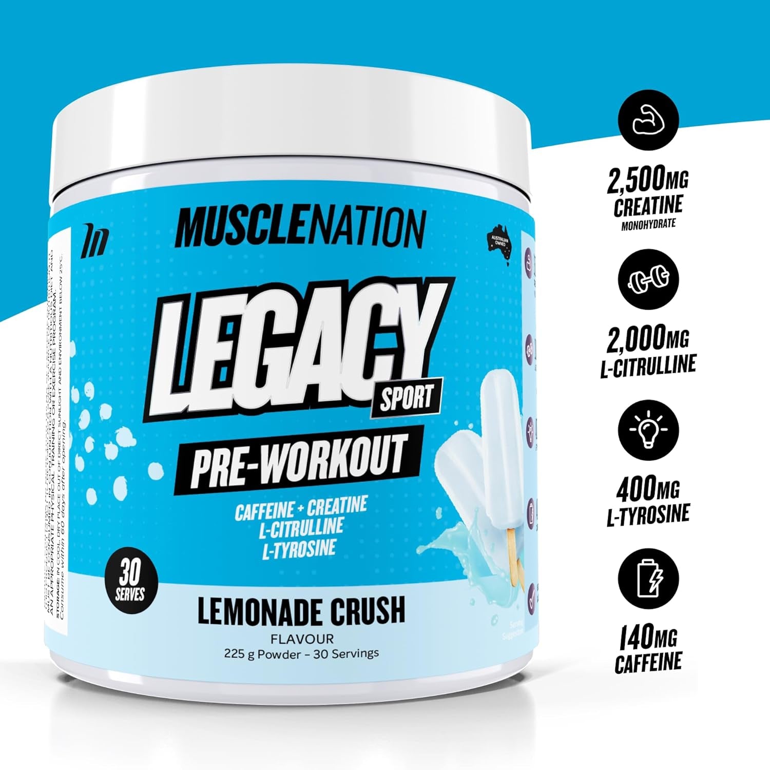MUSCLE NATION - Pre-Workout - Lemonade Legacy Sport - 225g (30 Serves)