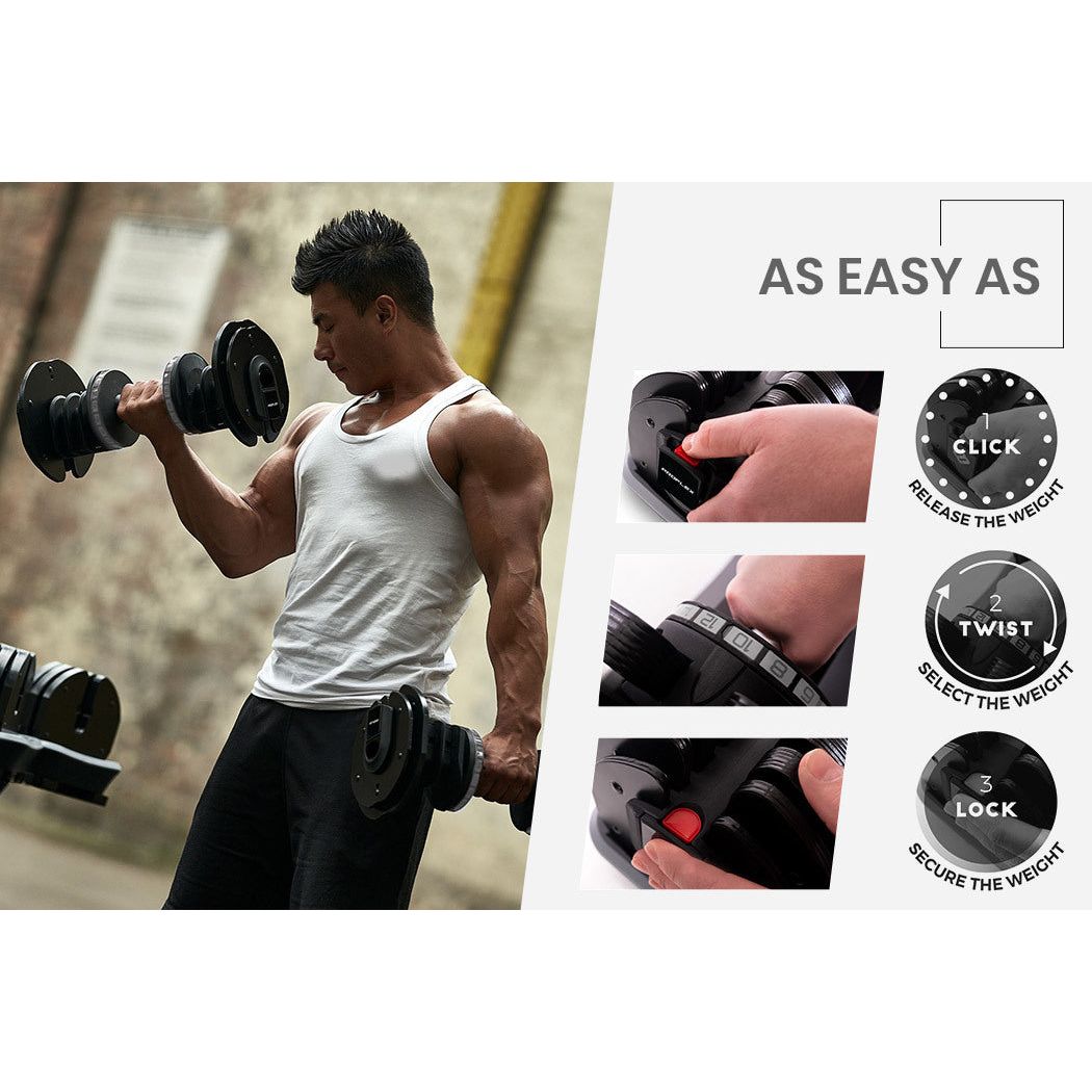 PROFLEX 2 x 25kg Adjustable Dumbbell Set Weights Dumbbells Home Gym Fitness Pair