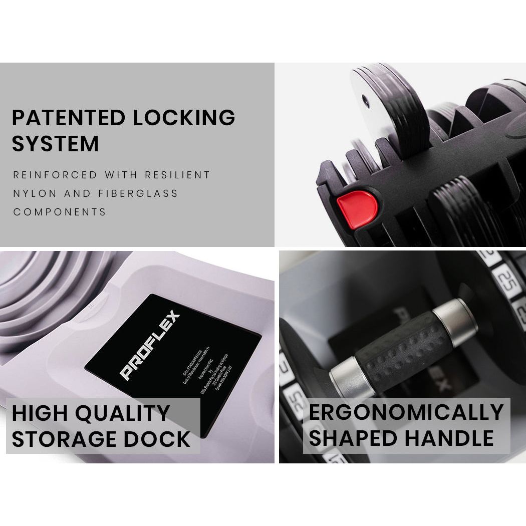 PROFLEX 2 x 25kg Adjustable Dumbbell Set Weights Dumbbells Home Gym Fitness Pair