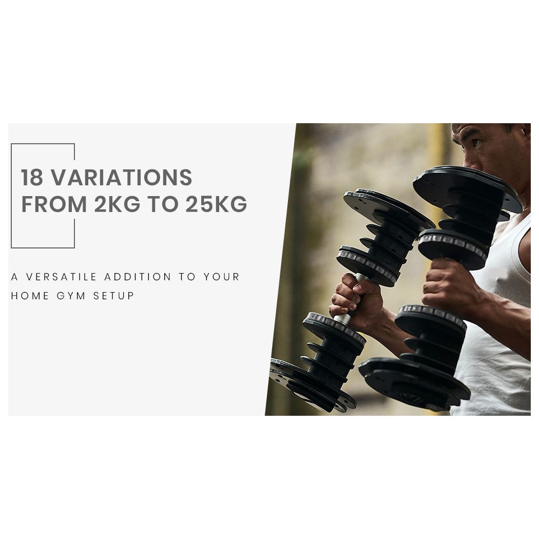 PROFLEX 2 x 25kg Adjustable Dumbbell Set Weights Dumbbells Home Gym Fitness Pair