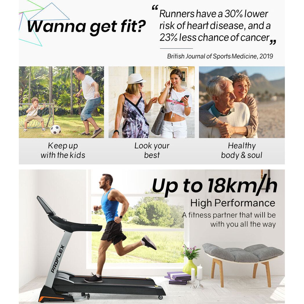 PROFLEX Electric Treadmill Auto Incline Foldable Exercise Run Machine Fitness Gym 4HP 480mm Belt