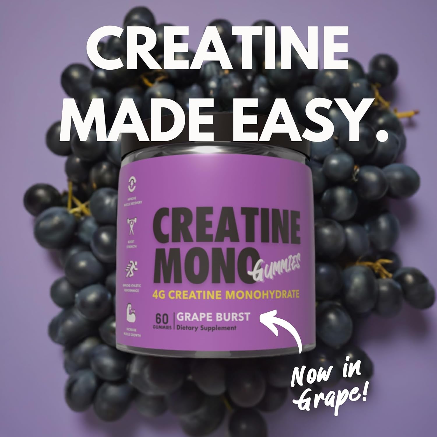 Creatine Monohydrate Gummies for Muscle Endurance, Growth and Power - Convenient Pre-Workout Supplement Grape Flavour - 4000Mg per Serve - 60 Pieces, 30 Serves