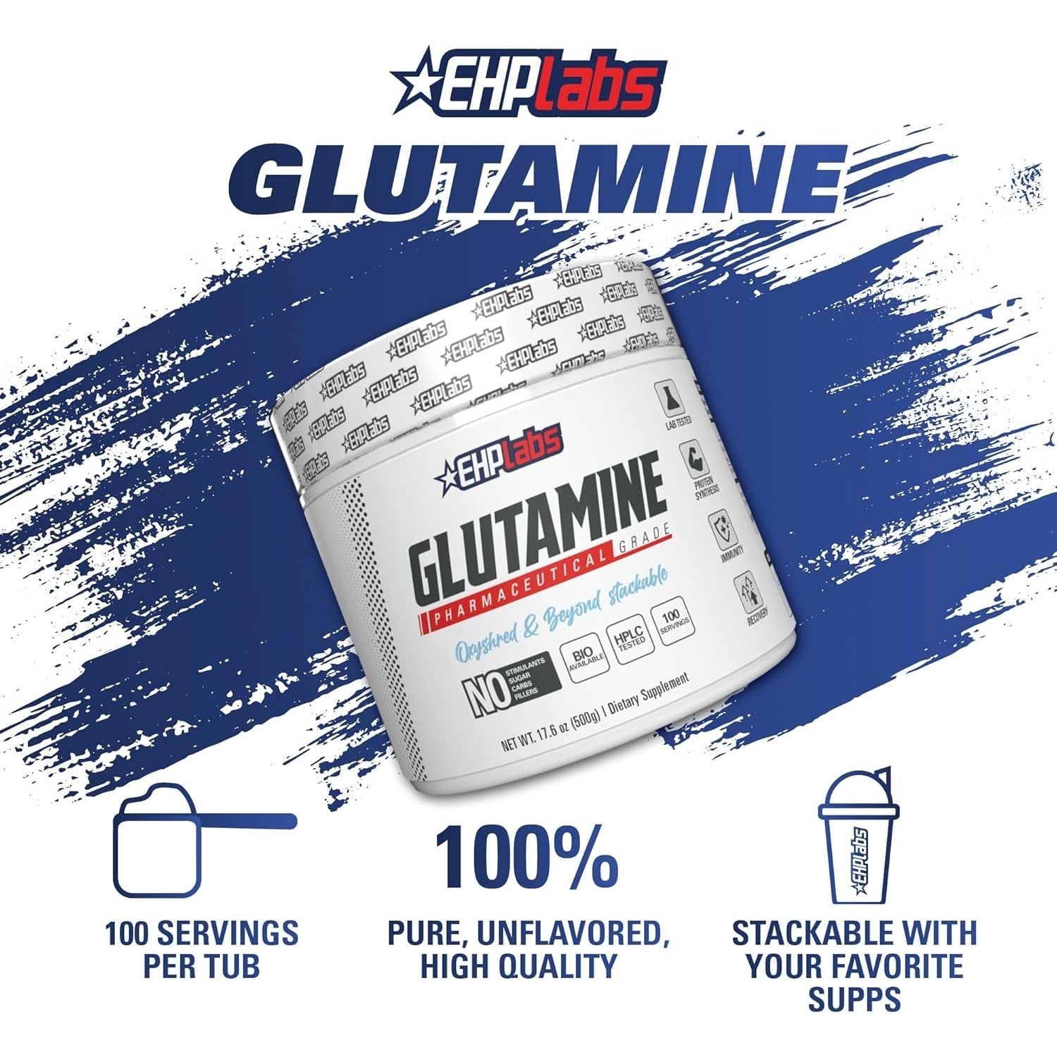 EHPLABS - L Glutamine Powder Amino Acids - L-Glutamine Supplement for Gut Health (500G) - 100 Servings