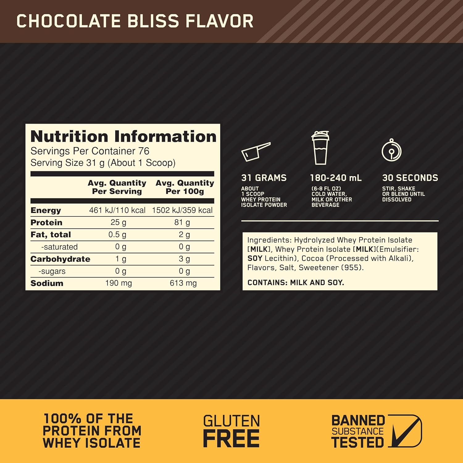 OPTIMUM NUTRITION Gold Standard - 100% Isolate Protein Powder - Chocolate Flavour - 2.36Kg