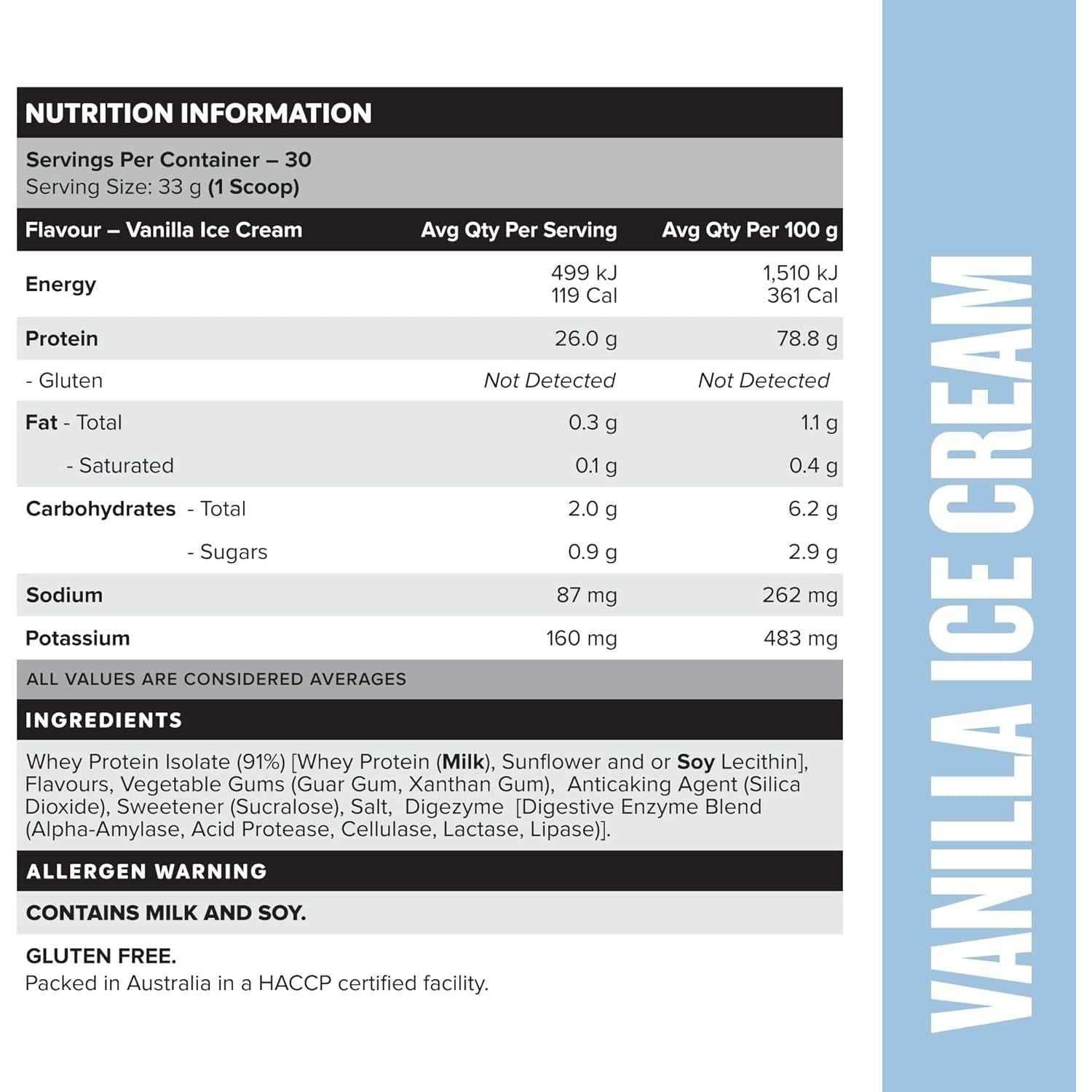 MUSCLENATION - 100% Whey Protein Isolate - Vanilla Ice Cream - 990G - 30 Servs