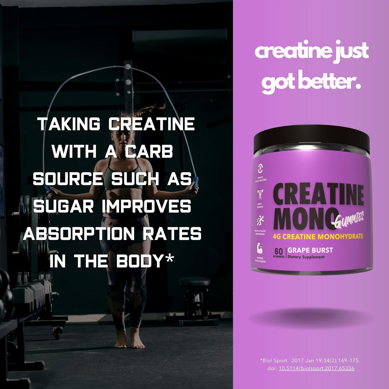 Creatine Monohydrate Gummies for Muscle Endurance, Growth and Power - Convenient Pre-Workout Supplement Grape Flavour - 4000Mg per Serve - 60 Pieces, 30 Serves