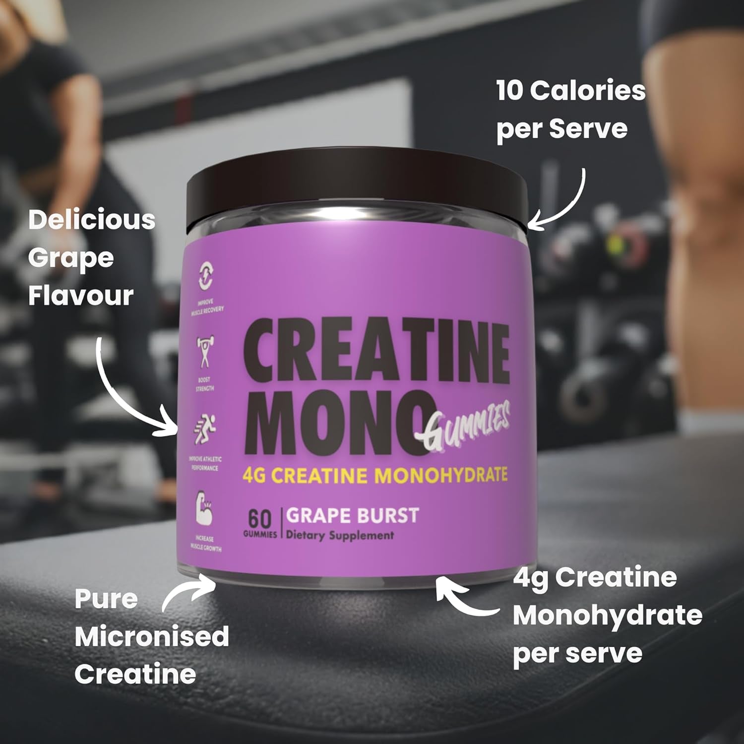 Creatine Monohydrate Gummies for Muscle Endurance, Growth and Power - Convenient Pre-Workout Supplement Grape Flavour - 4000Mg per Serve - 60 Pieces, 30 Serves