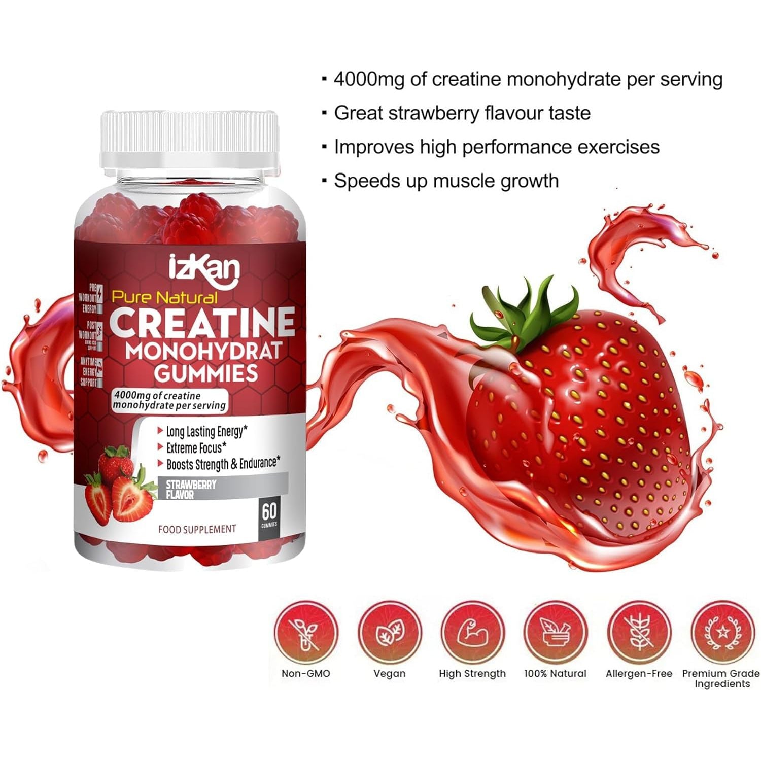 IZKAN - Pro Creatine Monohydrate Gummies 4000Mg - Vegan - Strawberry - 60 Chewable Gummies
