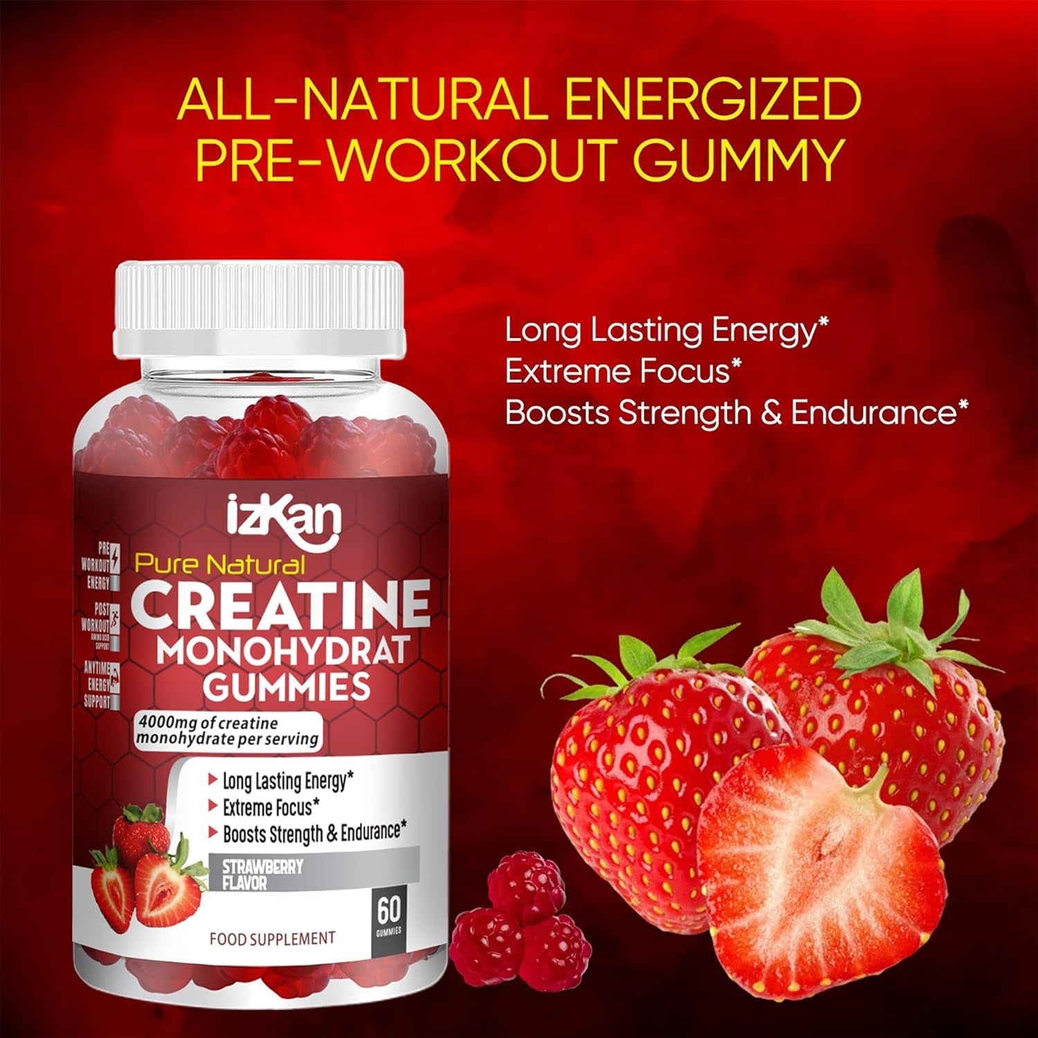IZKAN - Pro Creatine Monohydrate Gummies 4000Mg - Vegan - Strawberry - 60 Chewable Gummies