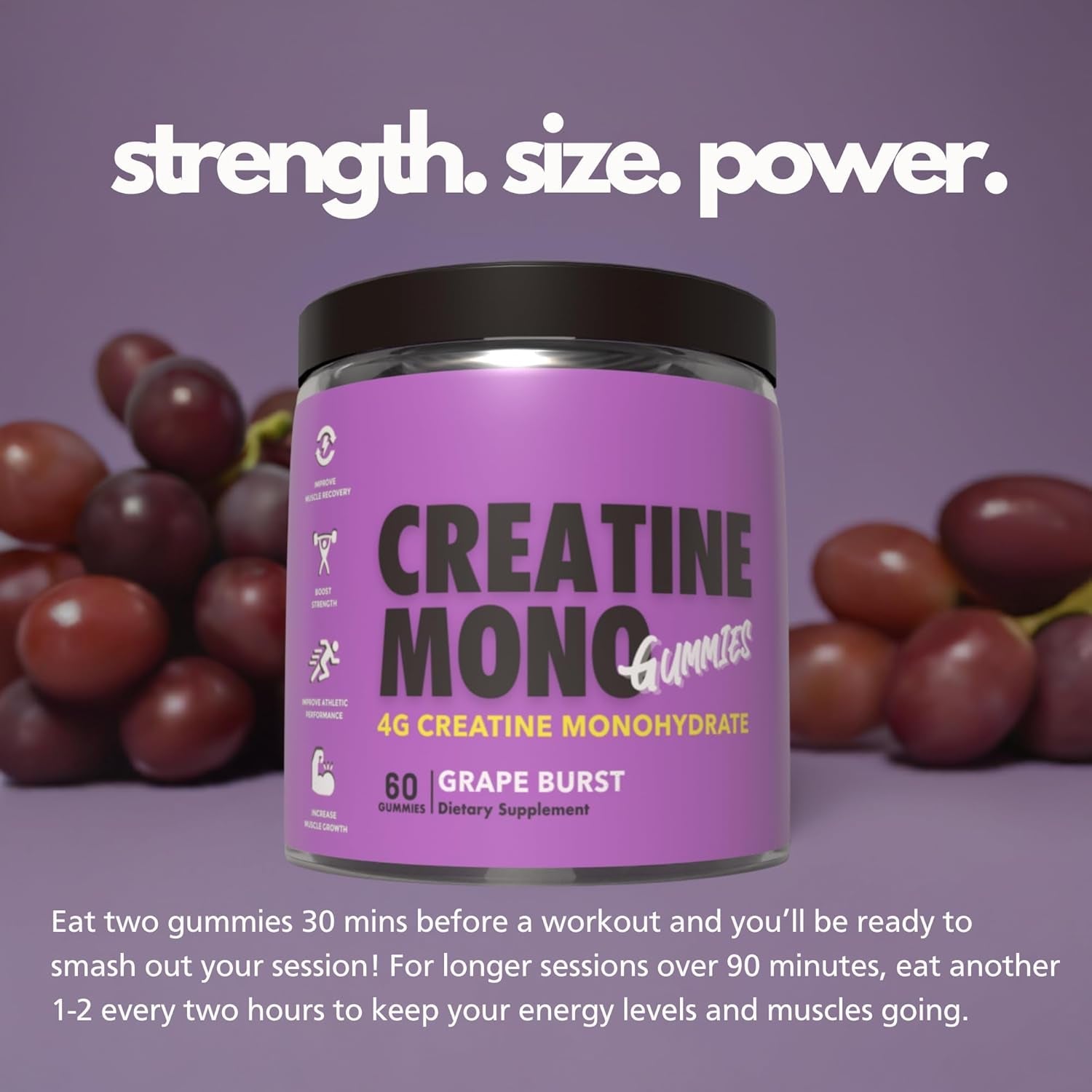 Creatine Monohydrate Gummies for Muscle Endurance, Growth and Power - Convenient Pre-Workout Supplement Grape Flavour - 4000Mg per Serve - 60 Pieces, 30 Serves