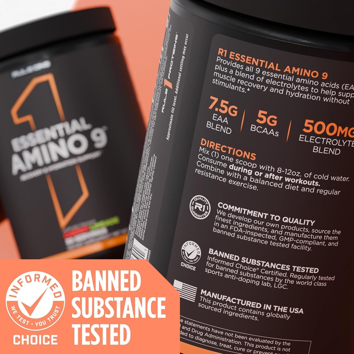 RULE 1 - R1 Essential Amino 9 Recovery & Hydration Support Supplement - Peach Mango - 345 G