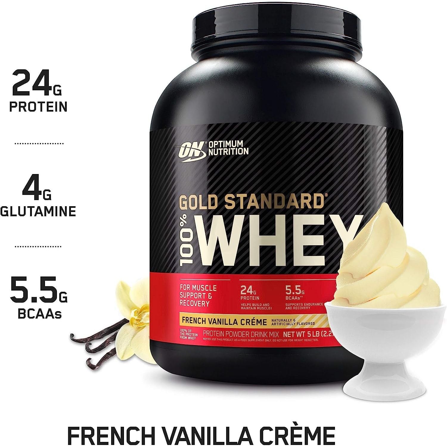 OPTIMUM NUTRITION Gold Standard - 100 Percent Whey Protein Powder - French Vanilla - 2.27Kg