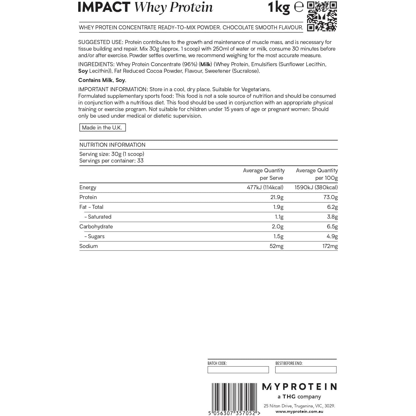 MY PROTEIN - Impact Whey Protein Powder – Chocolate Smooth - 1Kg - 33 Servs