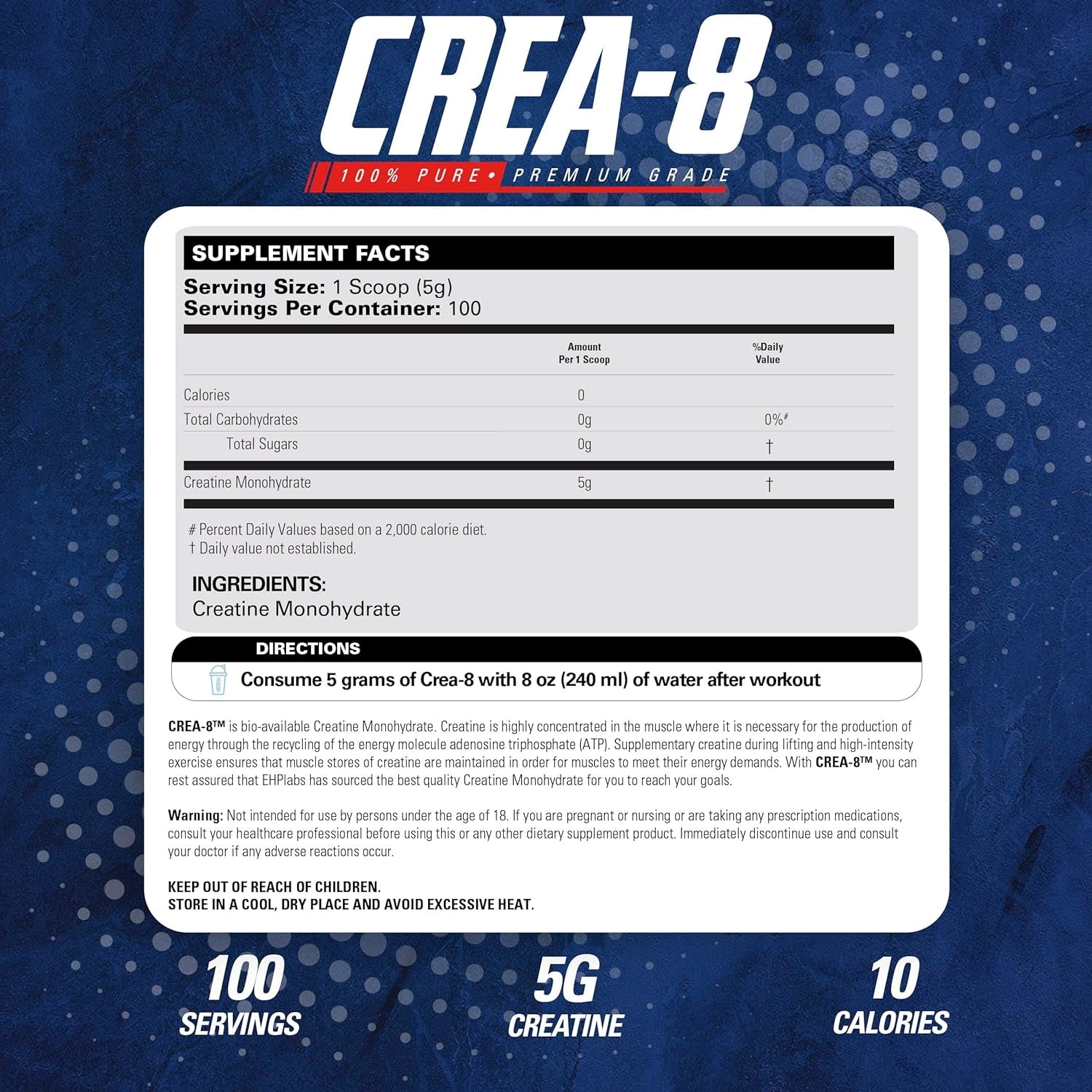 EHPLABS - CREA-8 Creatine Monohydrate Powder - 100 Servings (500G)