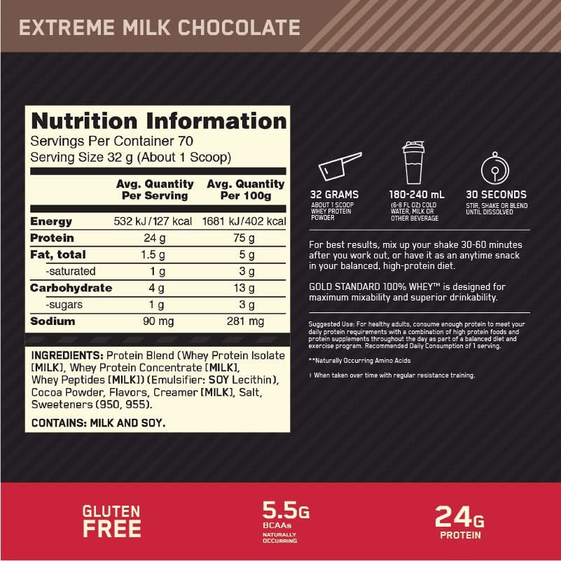 OPTIMUM NUTRITION Gold Standard - 100% Whey Protein Powder - Extreme Milk Chocolate - 2.27Kg