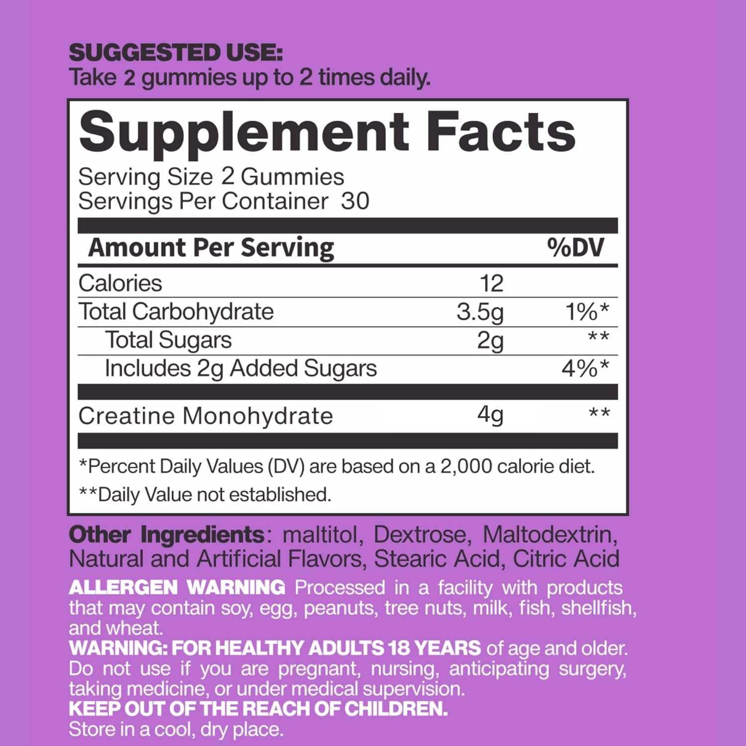 Creatine Monohydrate Gummies for Muscle Endurance, Growth and Power - Convenient Pre-Workout Supplement Grape Flavour - 4000Mg per Serve - 60 Pieces, 30 Serves