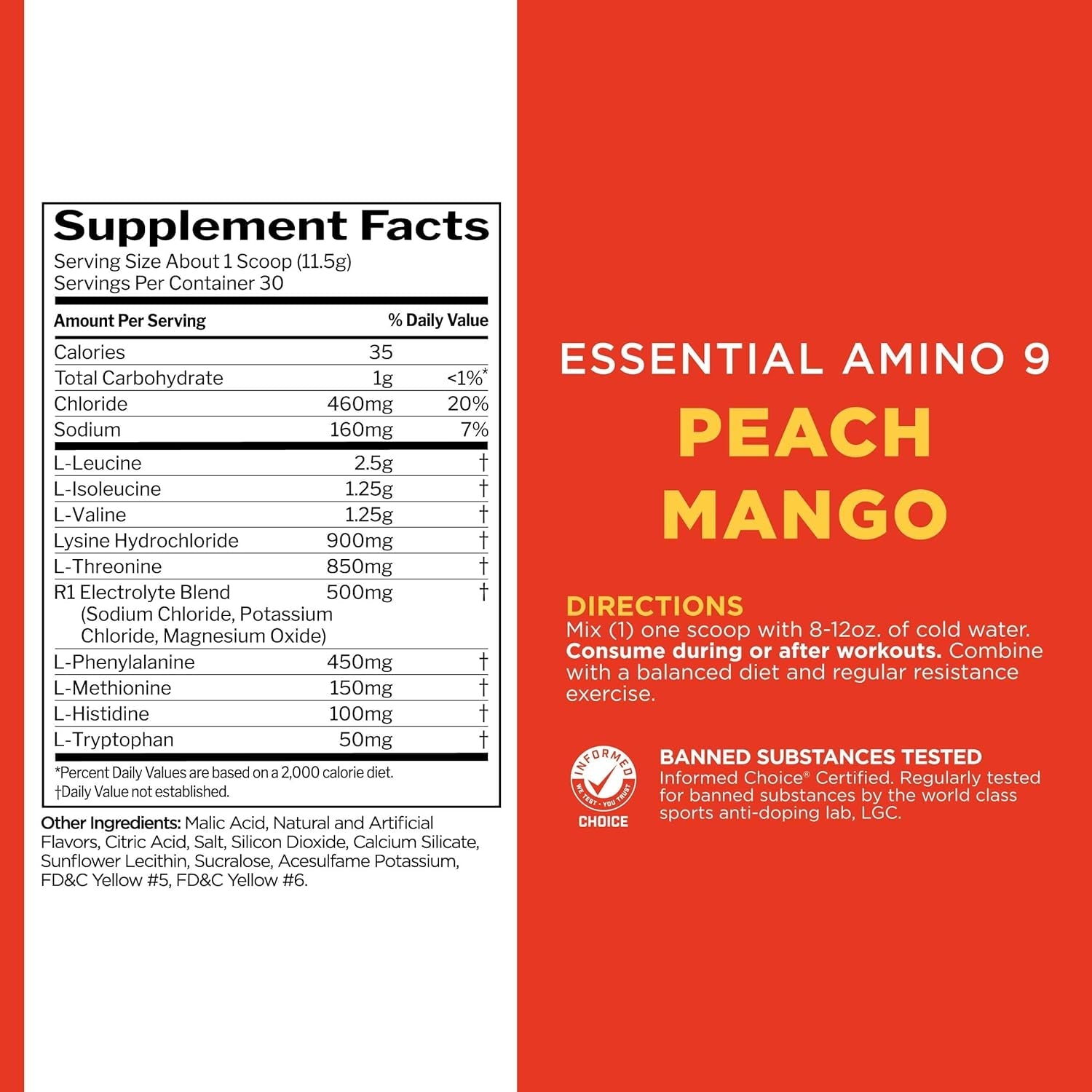RULE 1 - R1 Essential Amino 9 Recovery & Hydration Support Supplement - Peach Mango - 345 G