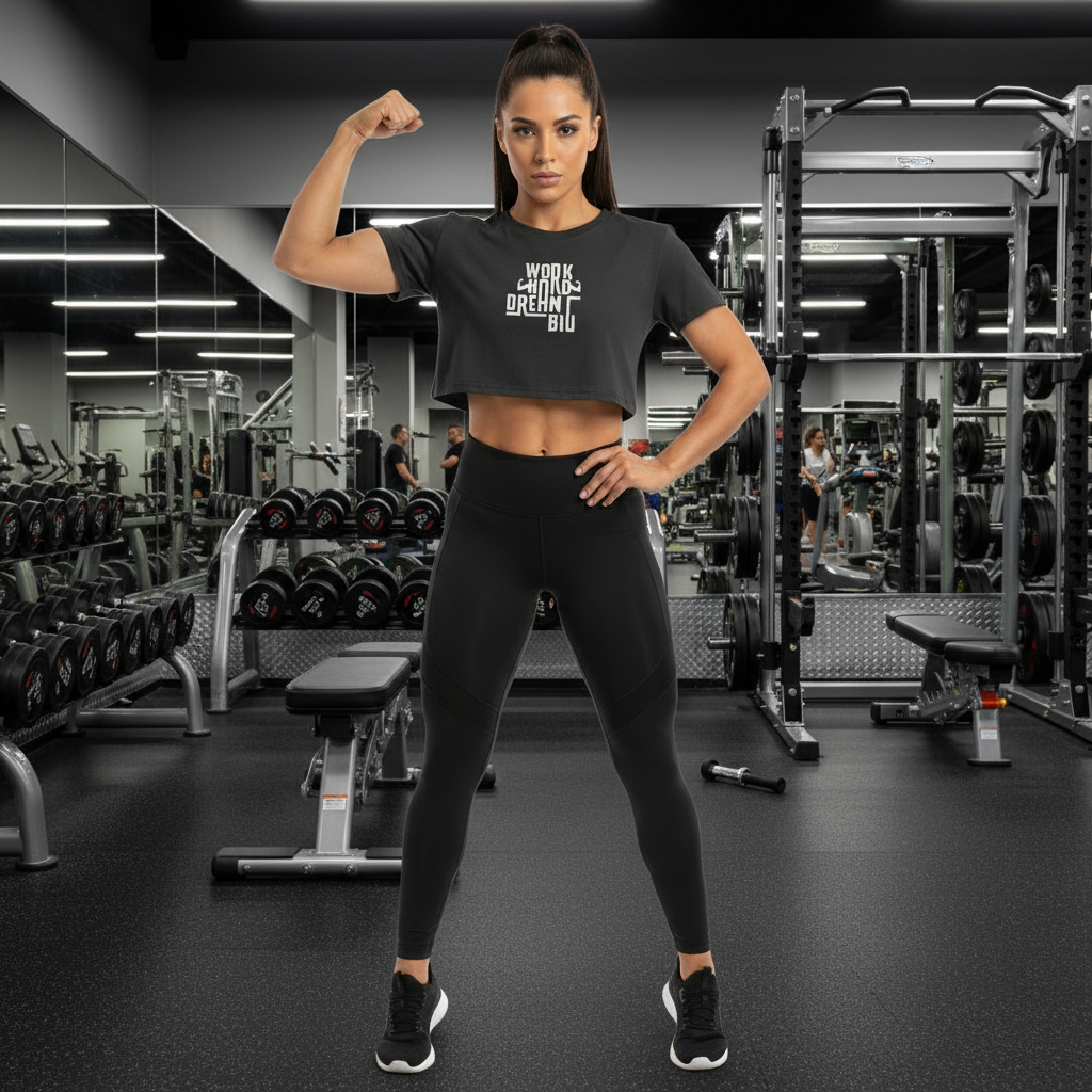 Woman flexing her arm in a gym setting